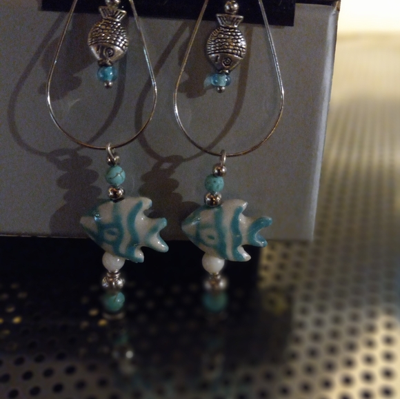 Handmade  silver teardrop pierced earrings  with aqua  and cream fish - Picture 2 of 3